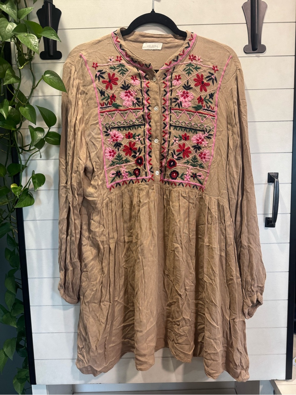 Velzera Tan Long Sleeve Dress with Pink & Red Floral Embroidery